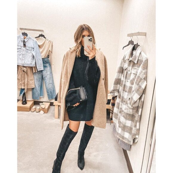 Womens Black Faux Suede Knee High Side Zipper Chunky Heel Winter Stretch Boots - Picture 8 of 8